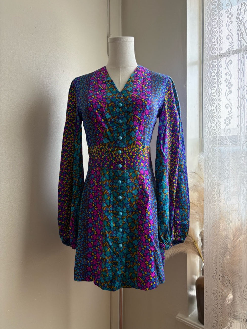 vintage 60s 70s floral button front mini‎ dress